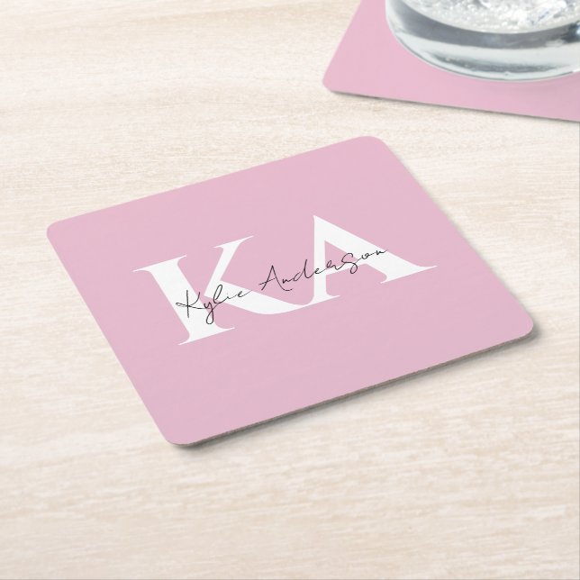 Modern Pink Personalized Monogram Name -  Square Paper Coaster (Angled)