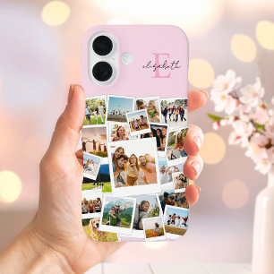 Modern Pink Photo Collage Monogram iPhone 16 Case