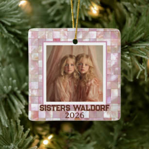 Modern Pink Photo Sisters Christmas Ornament