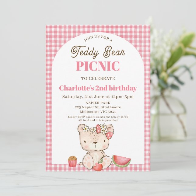 Modern Pink Plaid Arch Teddy Bear Picnic Birthday  Invitation (Standing Front)