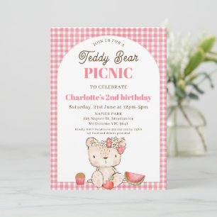 Modern Pink Plaid Arch Teddy Bear Picnic Birthday  Invitation