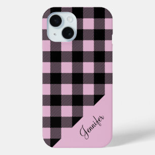 Modern Pink Plaid Check Pattern Name iPhone 15 Case