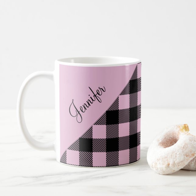 Modern Pink Plaid Check Pattern Name Coffee Mug (With Donut)