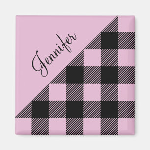 Modern Pink Plaid Check Pattern Name Magnet