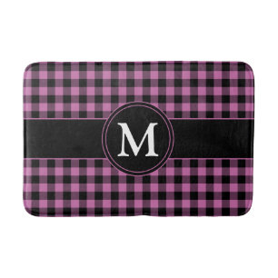 Modern Pink Plaid Checks Pattern Monogram Bath Mat