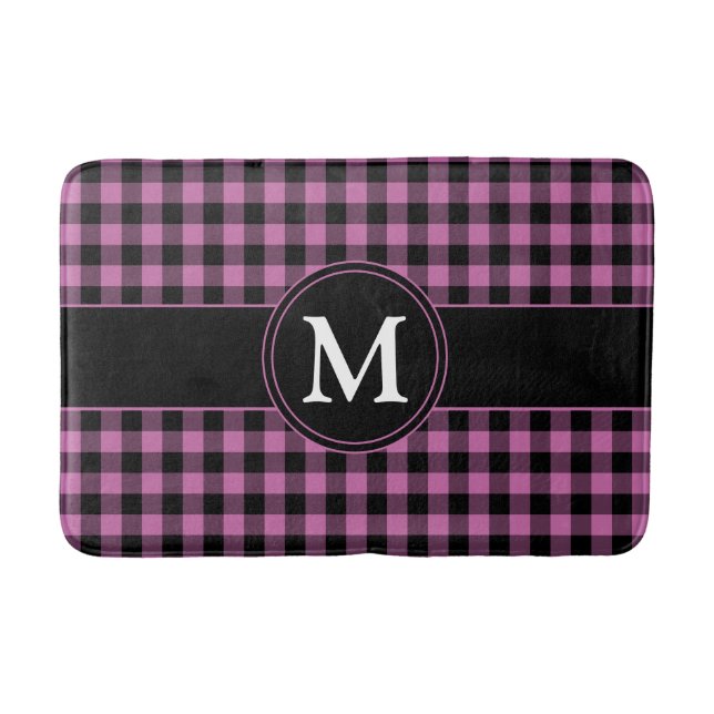 Modern Pink Plaid Checks Pattern Monogram Bath Mat (Front)