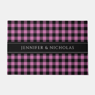 Modern Pink Plaid Custom Name Doormat