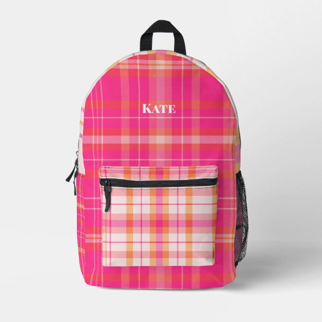 Modern pink plaid design with name printed backpack (Front)