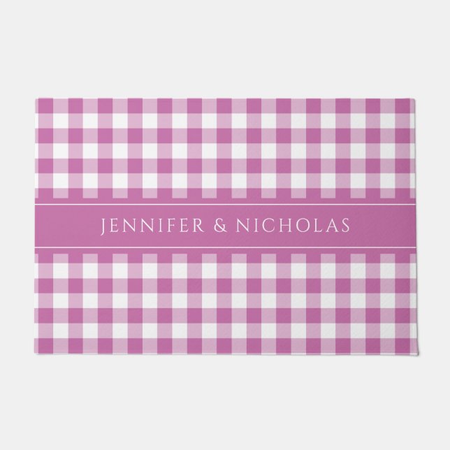 Modern Pink Plaid Gingham Name  Doormat (Front)