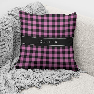 Modern Pink Plaid Gingham Name Throw Pillow