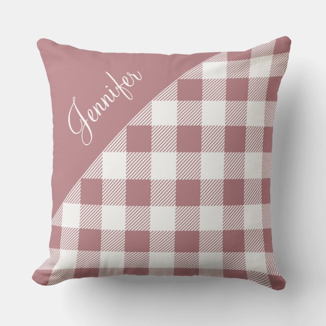 Modern Pink Plaid Gingham Pattern Name Throw Pillow (Front)