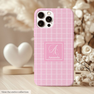 Modern Pink Plaid iPhone Case Chic Custom Name