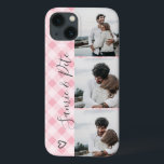 Modern pink plaid names 3 photos collage grid iPhone 13 case<br><div class="desc">Modern editable Christmas pastel blush pink flannel buffalo plaid heart couples names 4 photos collage grid,  perfect gift for a couple or best friends.</div>