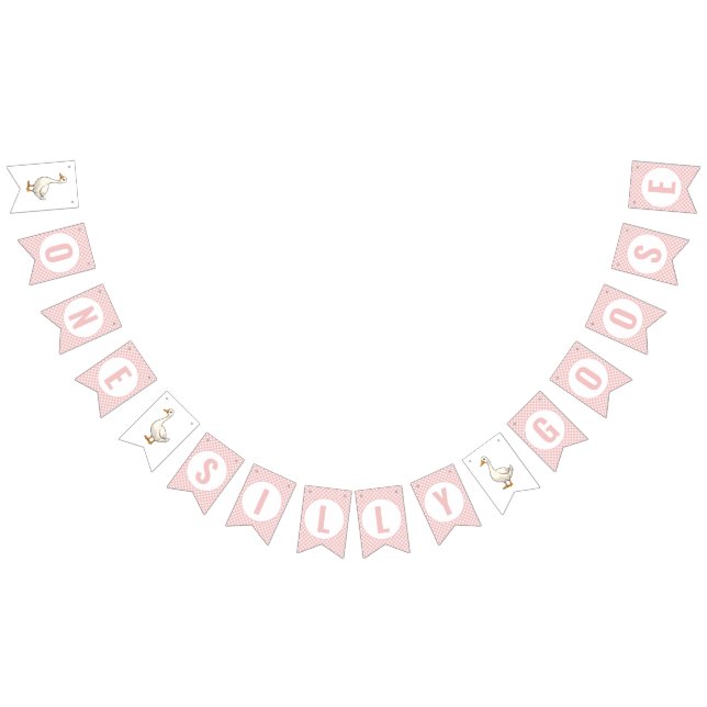 Modern Pink Plaid One Silly Goose First Birthday Bunting Flags (All)