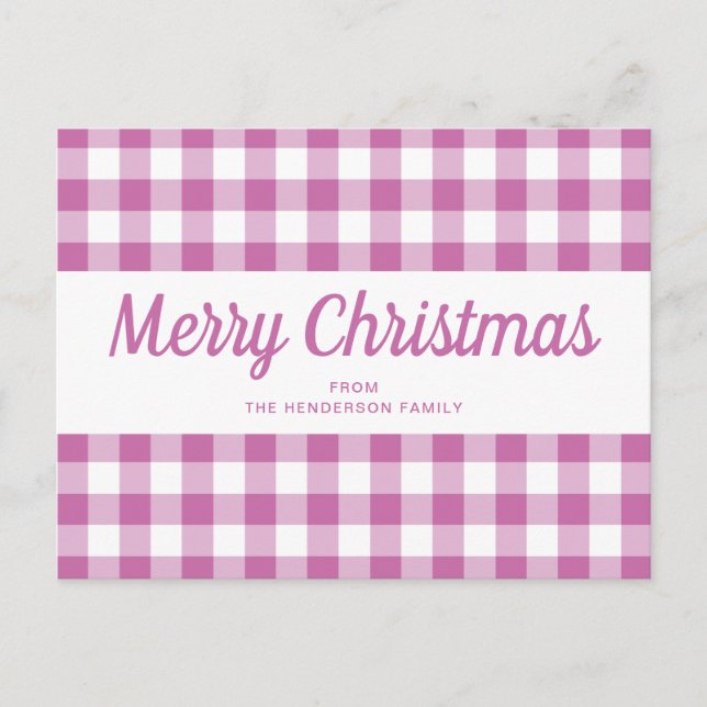 Modern Pink Plaid Script Christmas Postcard (Front)