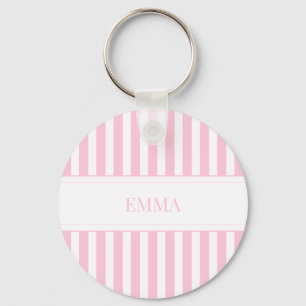 Modern Pink Preppy Striped Cute Simple Custom Name Keychain