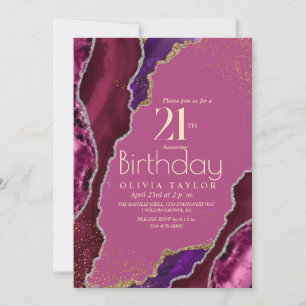 Modern Pink  Purple agate gold 21st Birthday Party Invitation