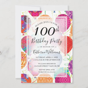 Modern Pink Purple Balloons 100th Birthday Party Invitation