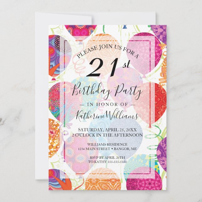 Modern Pink Purple Balloons 21st Birthday Party Invitation (Front)