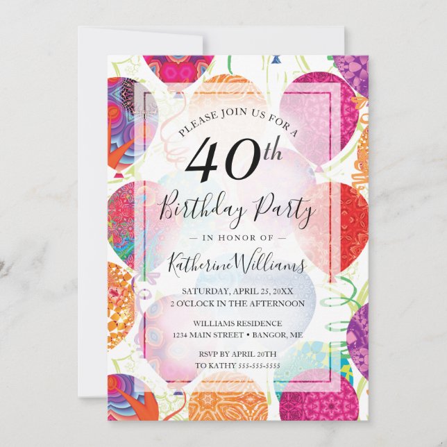 Modern Pink Purple Balloons 40th Birthday Party Invitation (Front)