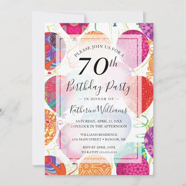 Modern Pink Purple Balloons 70th Birthday Party Invitation (Front)