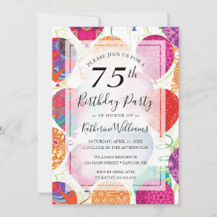 Modern Pink Purple Balloons 75th Birthday Party Invitation