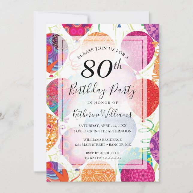 Modern Pink Purple Balloons 80th Birthday Party Invitation (Front)
