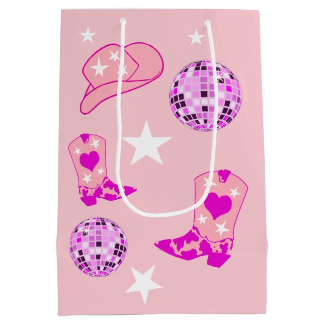 Modern Pink Purple Disco Ball Cowgirl Hat Boots  Medium Gift Bag (Back)