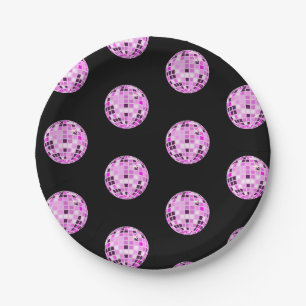 Modern Pink Purple Disco Ball Pattern Black Paper Plate