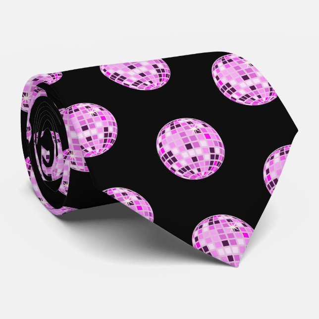 Modern Pink Purple Disco Ball Pattern Black Tie (Rolled)