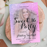 Modern pink purple glitter ombre photo Sweet 16 Invitation<br><div class="desc">A modern,  pretty faux pink purple glitter shower ombre with purplecolor block Sweet 16 birthday party invitation with your custom photo with pink purple ombre pattern fading onto a pink purple background. Perfect for a princess Sweet sixteen,  perfect  for her,  the fashionista who loves modern pattern and glam</div>