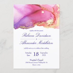 Modern Pink Purple Gold Watercolor Wedding Invitation