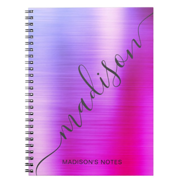 Modern Pink Purple Ombre Metal Monogram Script Notebook (Front)