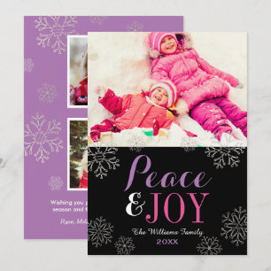 Modern Pink Purple Peace and Joy Snowflake Photo Holiday Card