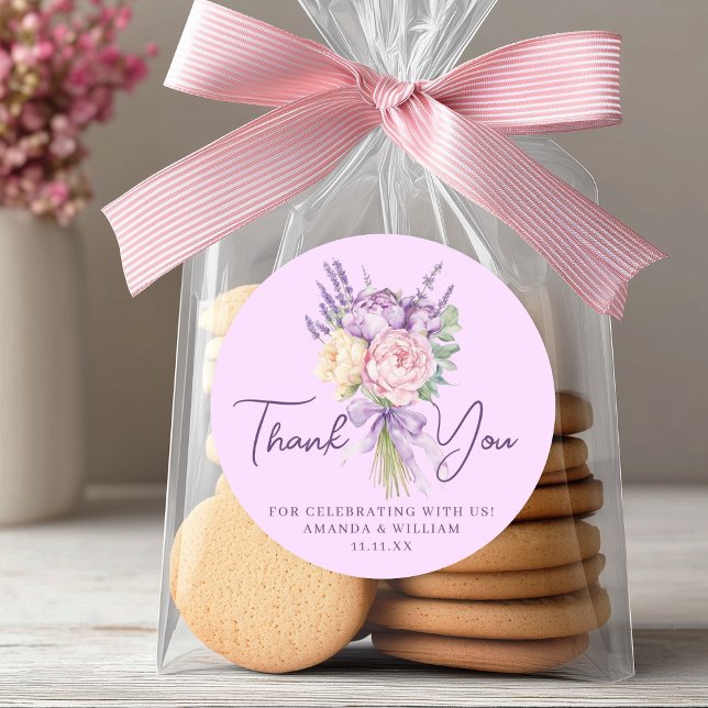 Modern Pink Purple Peony Flower Bouquet Thank You Classic Round Sticker (Modern Pink Purple Peony Flower Bouquet Thank You Classic Round Sticker)
