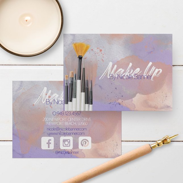 Modern Pink Purple Watercolor Makeup Brushes Business Card (Creator Uploaded)