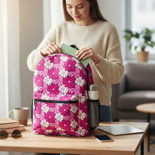 Modern Pink Purple White Floral Girly Pattern Printed Backpack