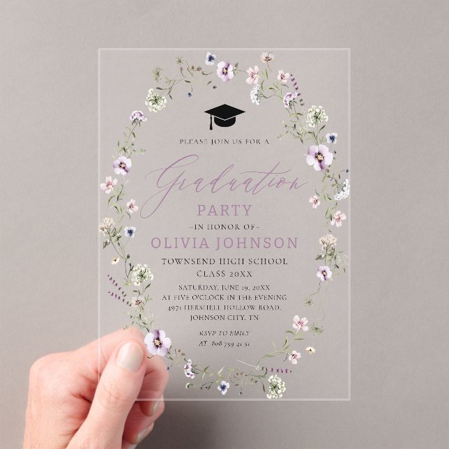 Modern Pink Purple Wildflower Graduation Acrylic Invitations (Insitu (Handheld))