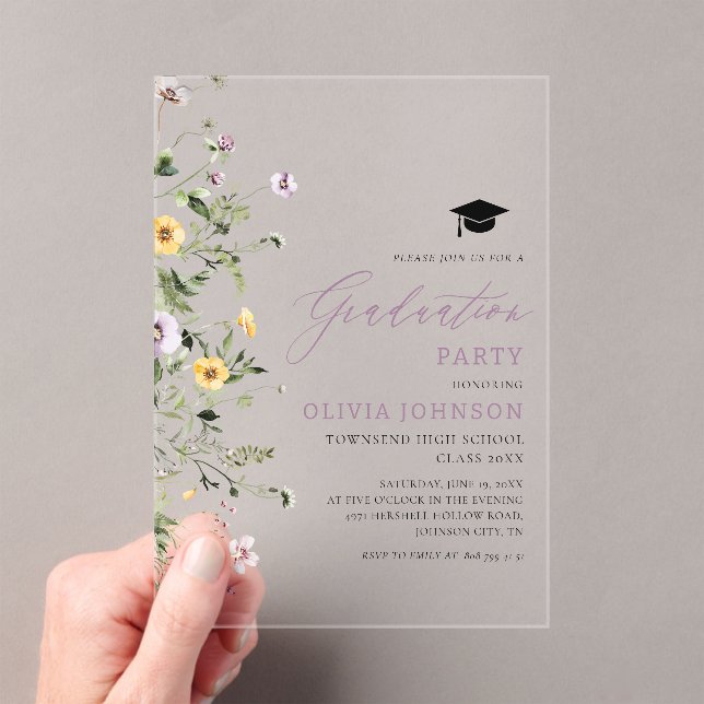 Modern Pink Purple Wildflower Graduation Party Acrylic Invitations (Insitu (Handheld))