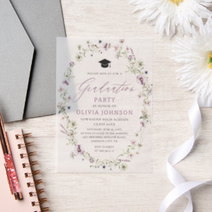 Modern Pink Purple Wildflower Graduation Vellum Invitations
