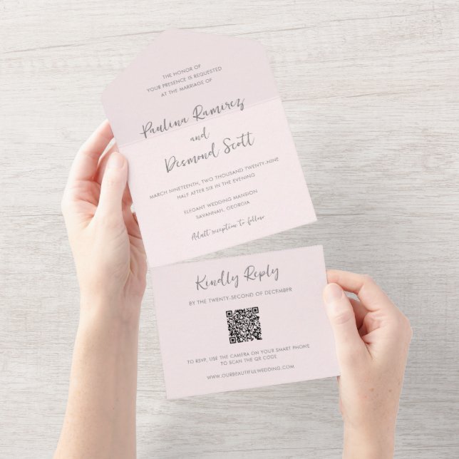 Modern Pink QR Code Simple Wedding All In One Invitation (Tearaway)