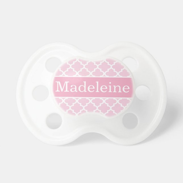 Modern Pink Quatrefoil Baby Girl Monogram Pacifier (Front)