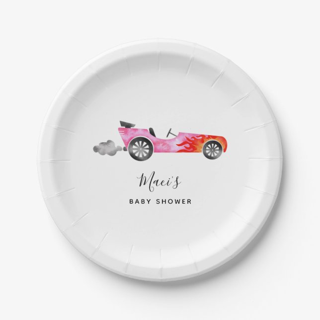 Modern Pink Race Car Girl Baby Shower Paper Plate (Front)