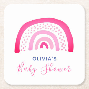 Modern Pink Rainbow Baby Shower Girl Square Paper Coaster