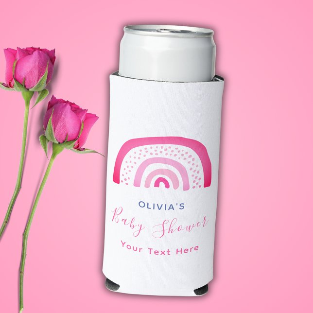 Modern Pink Rainbow Baby Shower Seltzer Can Cooler (Custom baby shower can cooler in pink rainbow design.  Customize with own text. See the full range.)