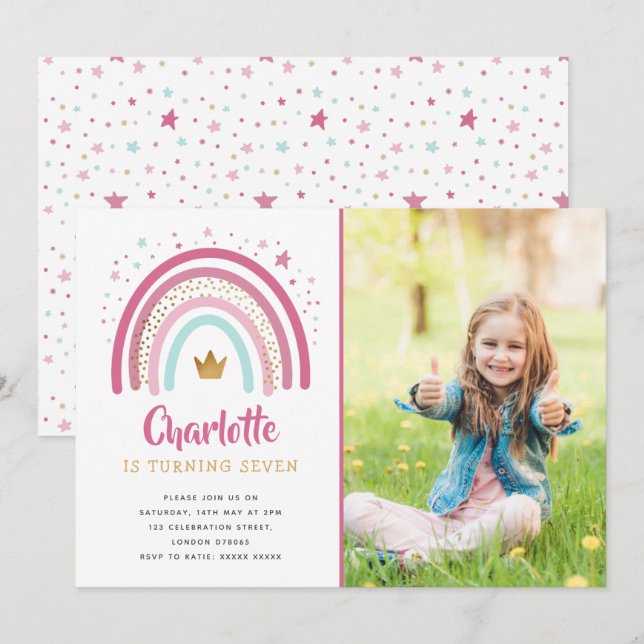 Modern Pink Rainbow Birthday Party Invitation (Front/Back)