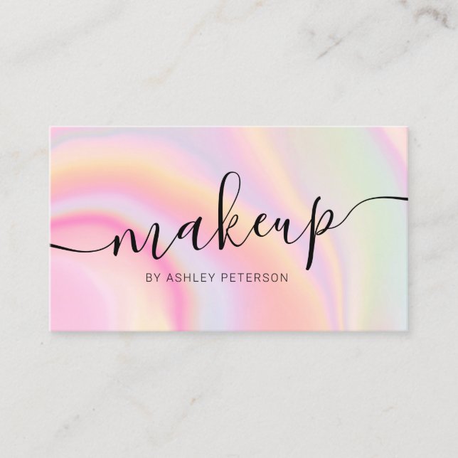 Modern pink rainbow unicorn marble script makeup business card (Front)