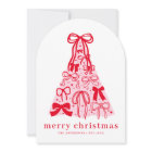 Modern Pink Red Bow Merry Christmas Holiday Card