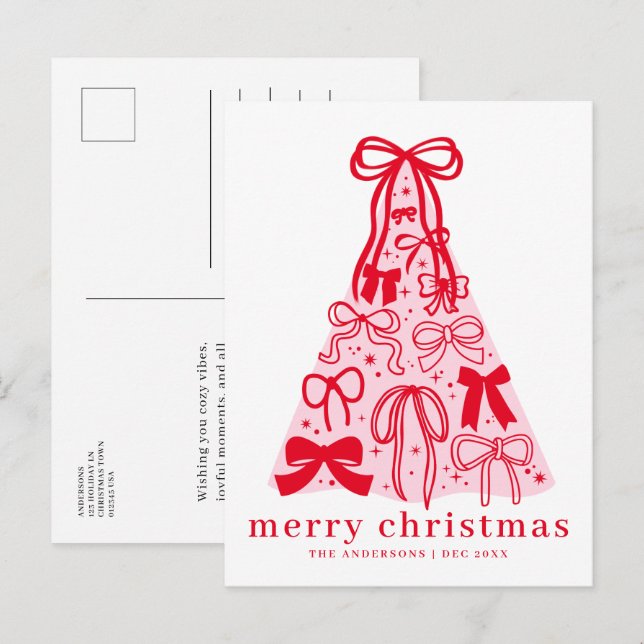 Modern Pink Red Bow Merry Christmas Holiday Card (Front/Back)