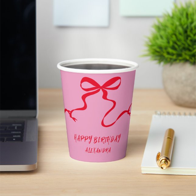 Modern Pink Red Bow Personalized Adult Birthday  Paper Cups (Insitu)